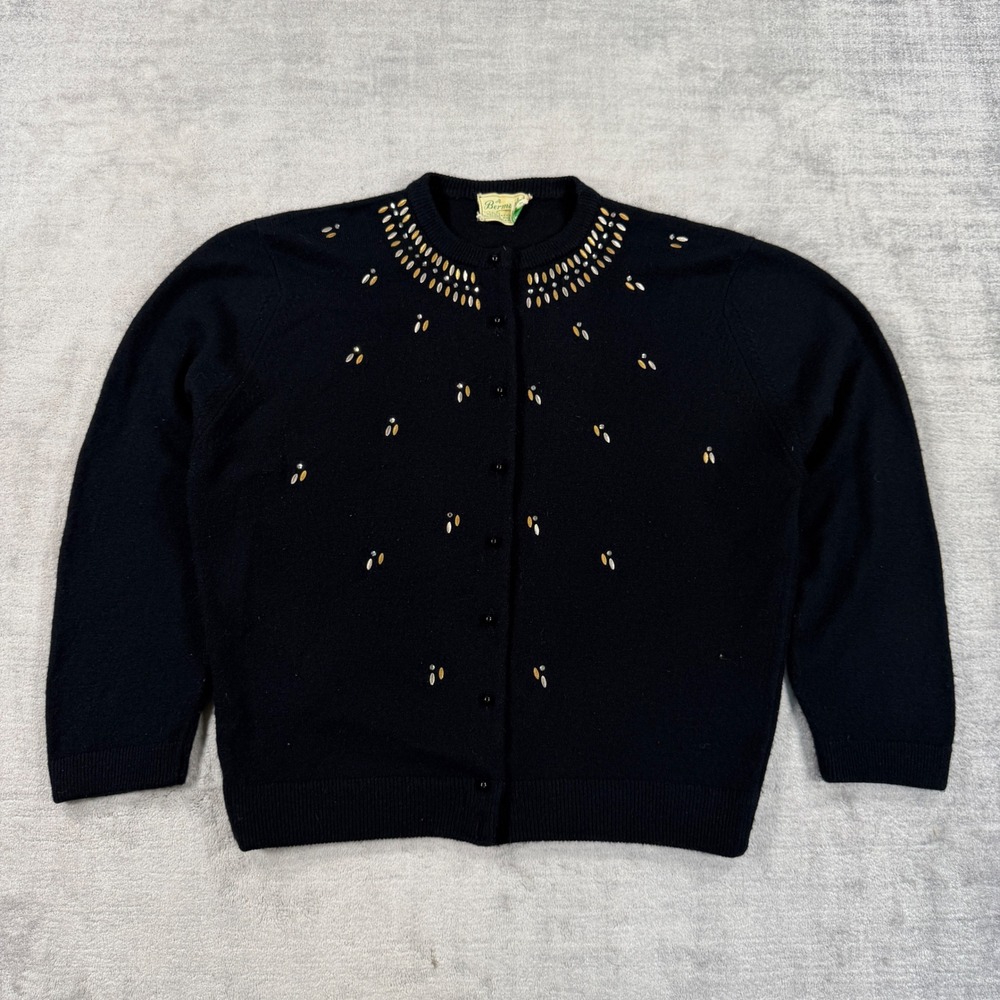 Vintage 1960s Sweater Women Large Black A Bermuda Embellished Beaded Sequins